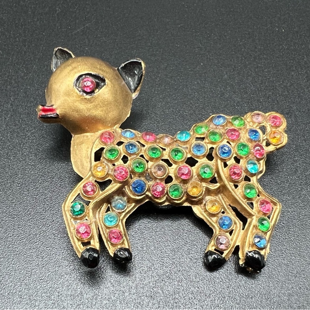 Vintage Plastic Novelty Rhinestone Lamb Brooch Art Deco Kitschy